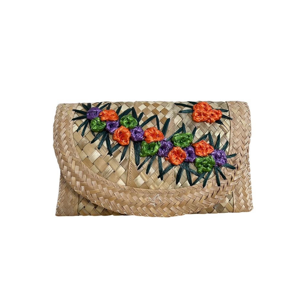 Vintage Woven Straw Floral Clutch Bag Raffia Embroidered Envelope Handbag Tan